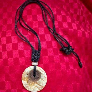 Vintage Large Chinese Jade Disc coin necklace bag charm silk cord